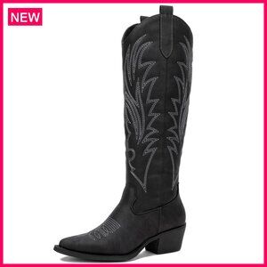 Knee-High Western Boots with Embroidered Design, Pointed Toe, Side Zipper